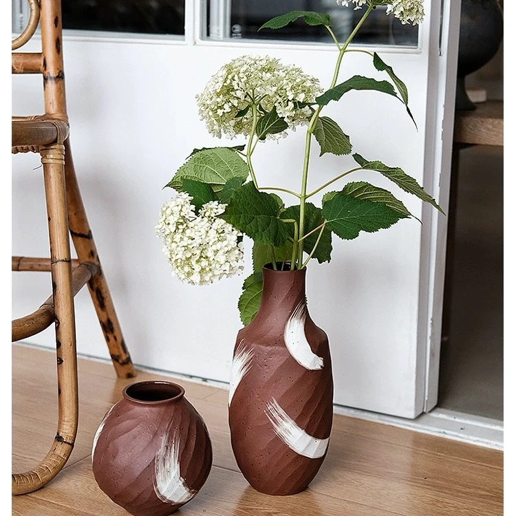 久伴侘寂红陶陶瓷花瓶水培鲜花插花装饰摆件桌面客厅大肚高级日式