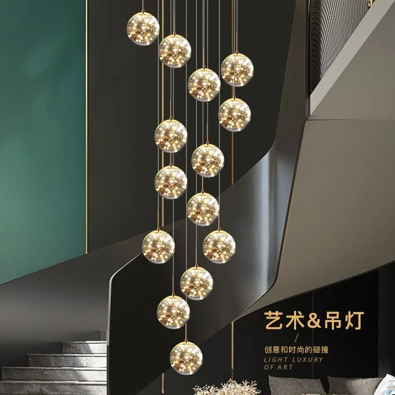 满天星楼梯灯长吊灯中空轻奢简约现代别墅公寓客厅大灯复式楼吊灯