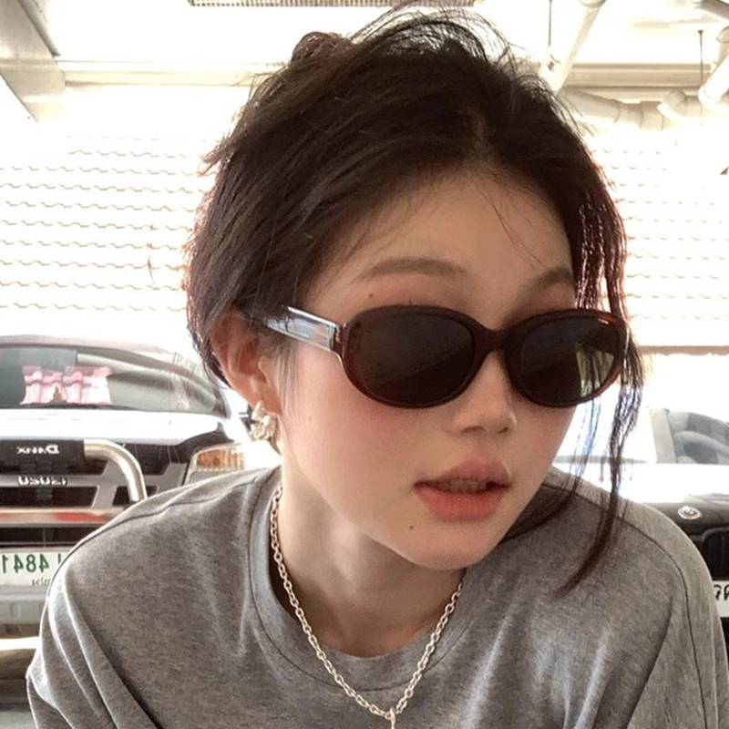 复古港风椭圆酒红圆框墨镜女潮个性街拍Y2K时髦防紫外线太阳眼镜