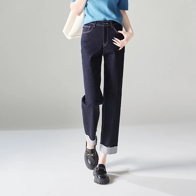 索菲丝尔2024秋装新款宽松藏肉翻脚边九分时尚牛仔裤女432035