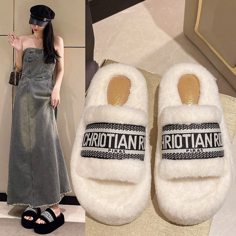 网红厚底毛毛拖鞋女外穿时尚2024年新款秋冬季保暖棉拖爆款一字拖