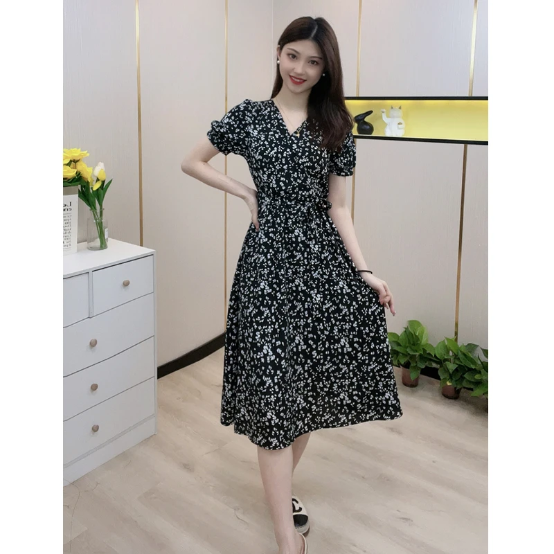 泡泡袖碎花连衣裙假两件女夏季新款法式复古茶歇裙中长款裙子