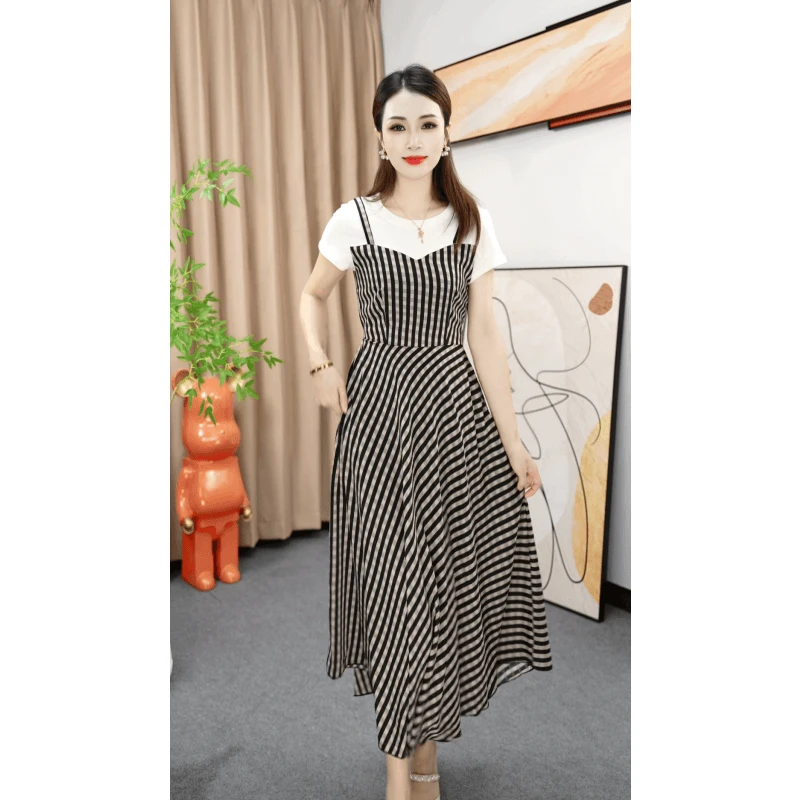 A932复古chic小众拼接假两件设计感撞色设计感法式连衣裙2025夏款