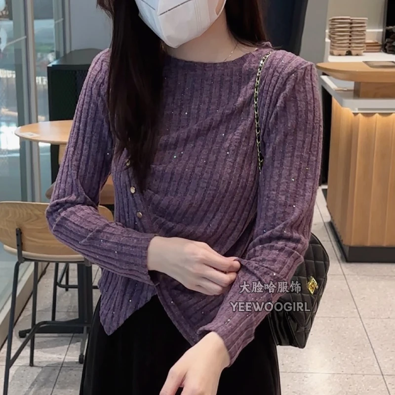 【大脸哈】设计感圆领不规则褶皱衬衫女2024新款时尚遮肉显瘦上衣