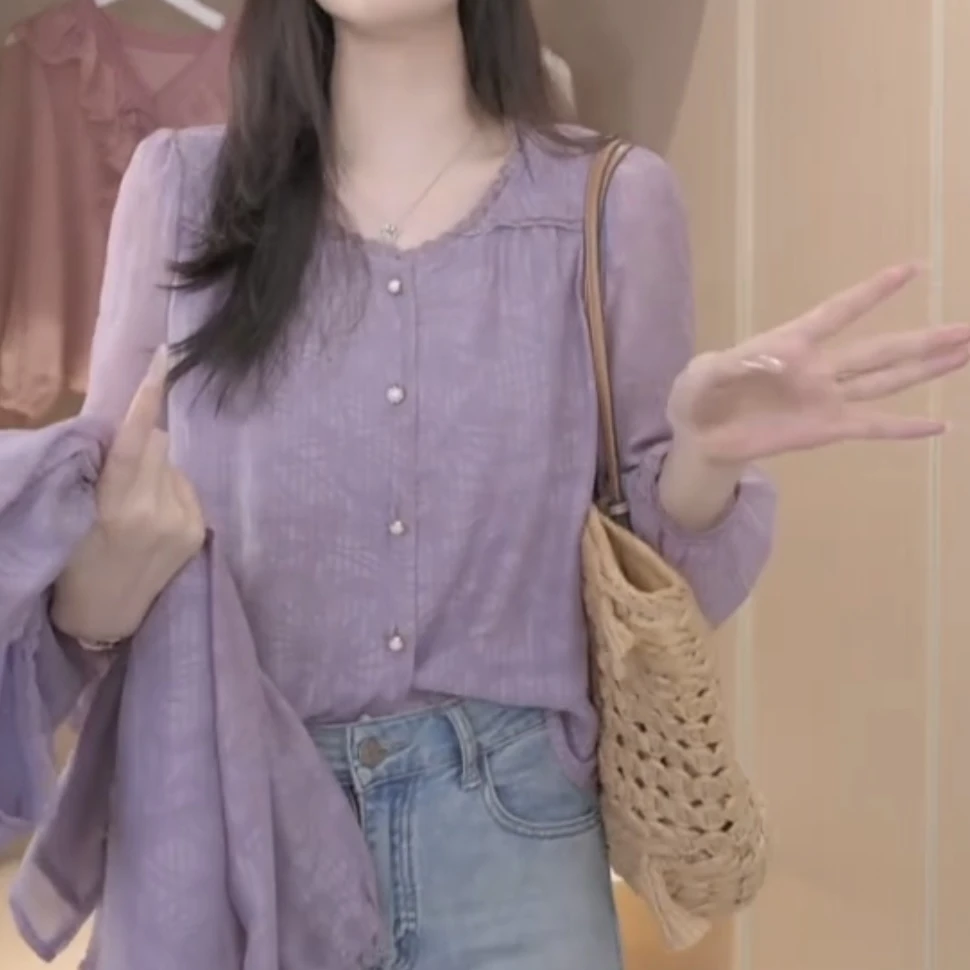 【大脸哈】法式时尚长袖衬衫女甜美圆领上衣设计感宽松衬衣