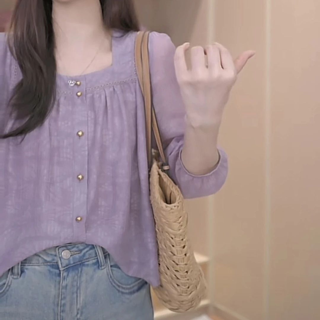 【大脸哈】法式时尚方领长袖衬衫女甜美设计感正肩小衫宽松遮肚衬衣
