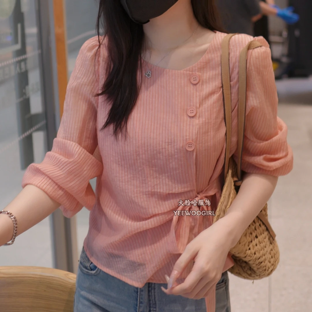 【大脸哈】显瘦不规则系带条纹衬衫女2025春季设计感长袖衬衣