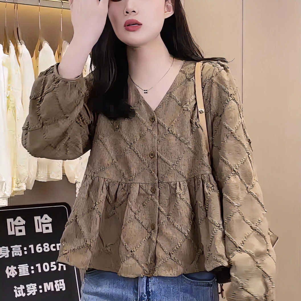 【大脸哈】显瘦设计感气质立体提花V领长袖开衫上衣减龄洋气时尚