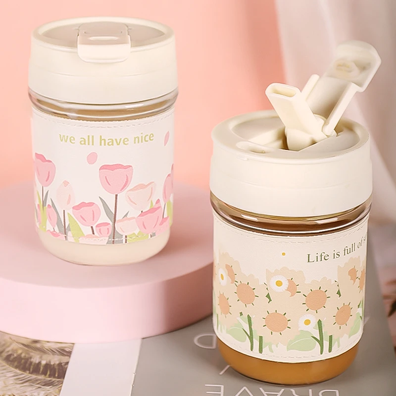 ins风吸管杯 太阳花双饮杯 耐高温郁金香双饮杯子