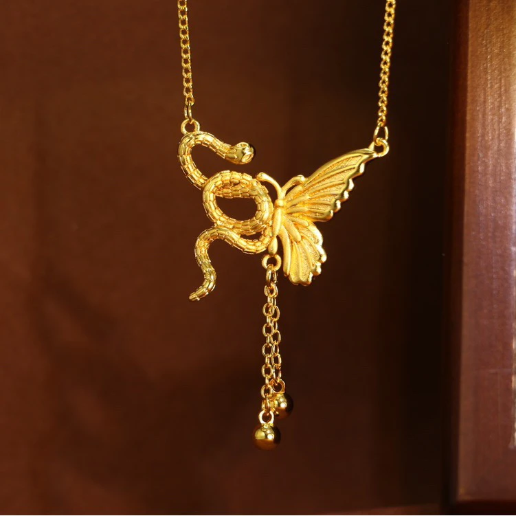 钛钢项链 新中式镀k金“蝴蝶与蛇”项链生肖本命年灵蛇流苏锁骨链