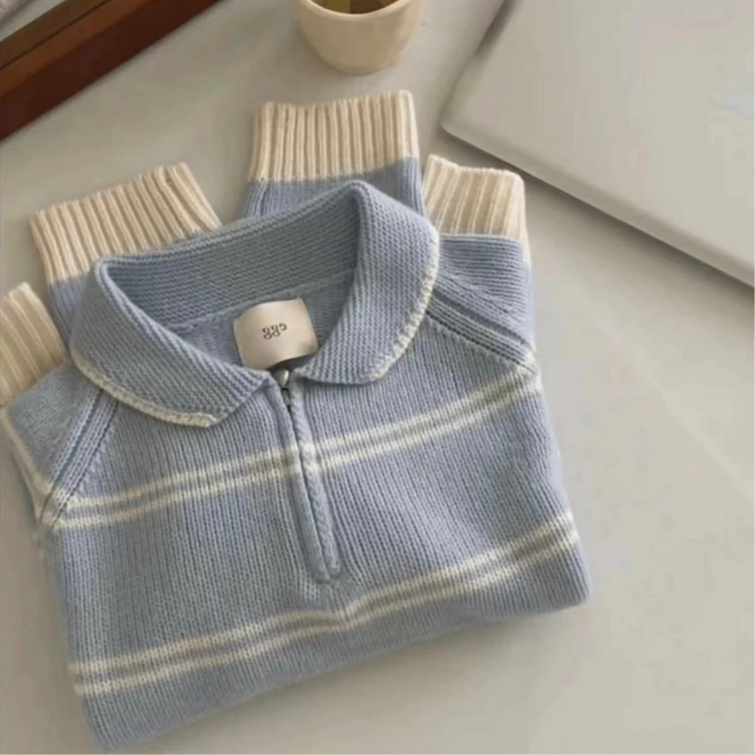 egg家条纹Polo领毛衣女秋冬新款慵懒高级感宽松显瘦翻领针织上衣