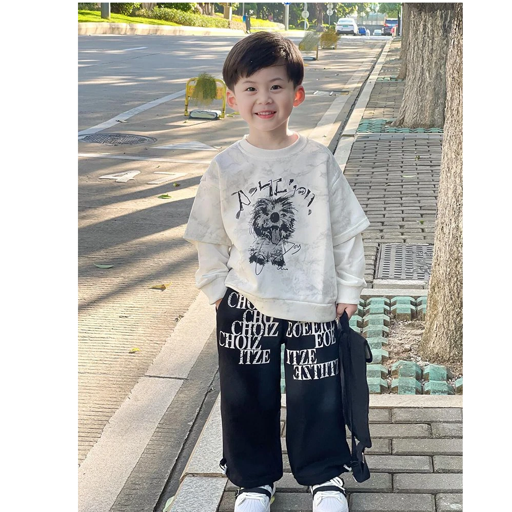 韩版童装2025秋季新款潮酷男童米白狮子印花卫衣中大童字母阔腿裤