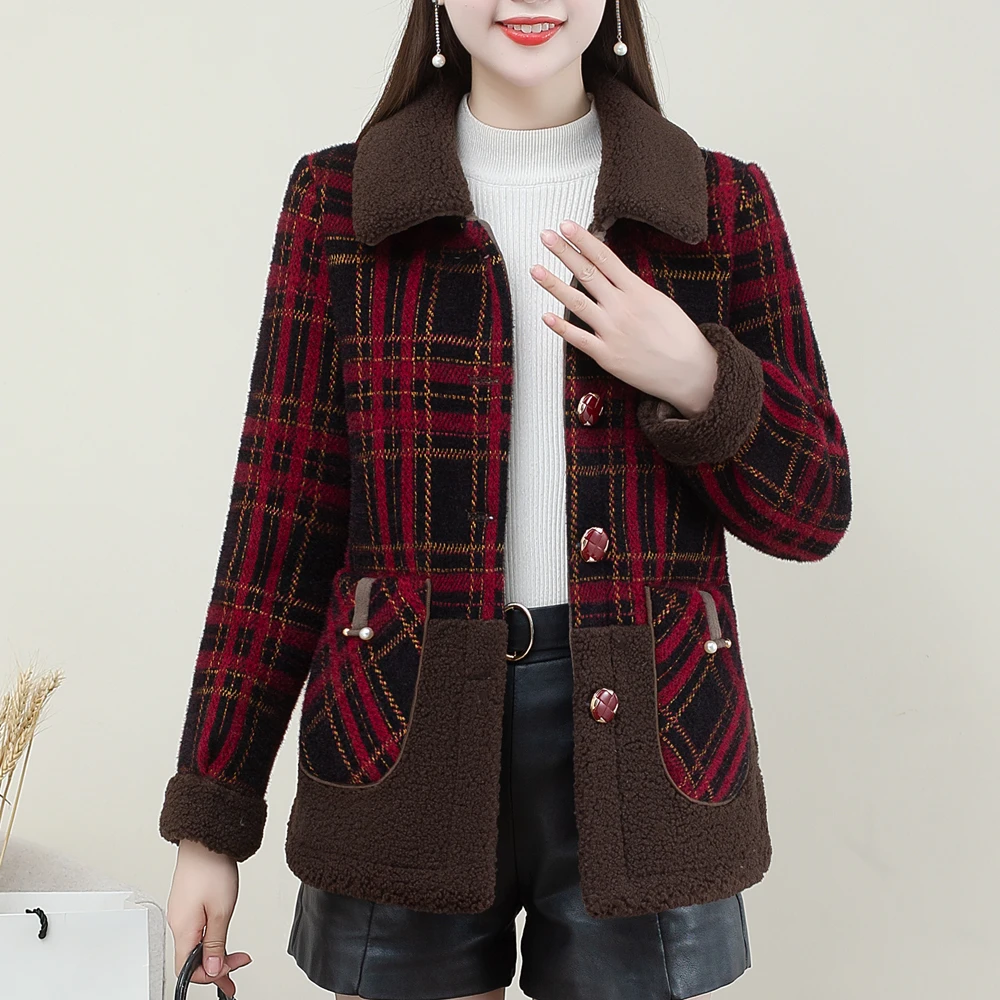 妈妈装短款皮毛一体外套2023冬季新款时尚保暖加绒加厚格子大衣