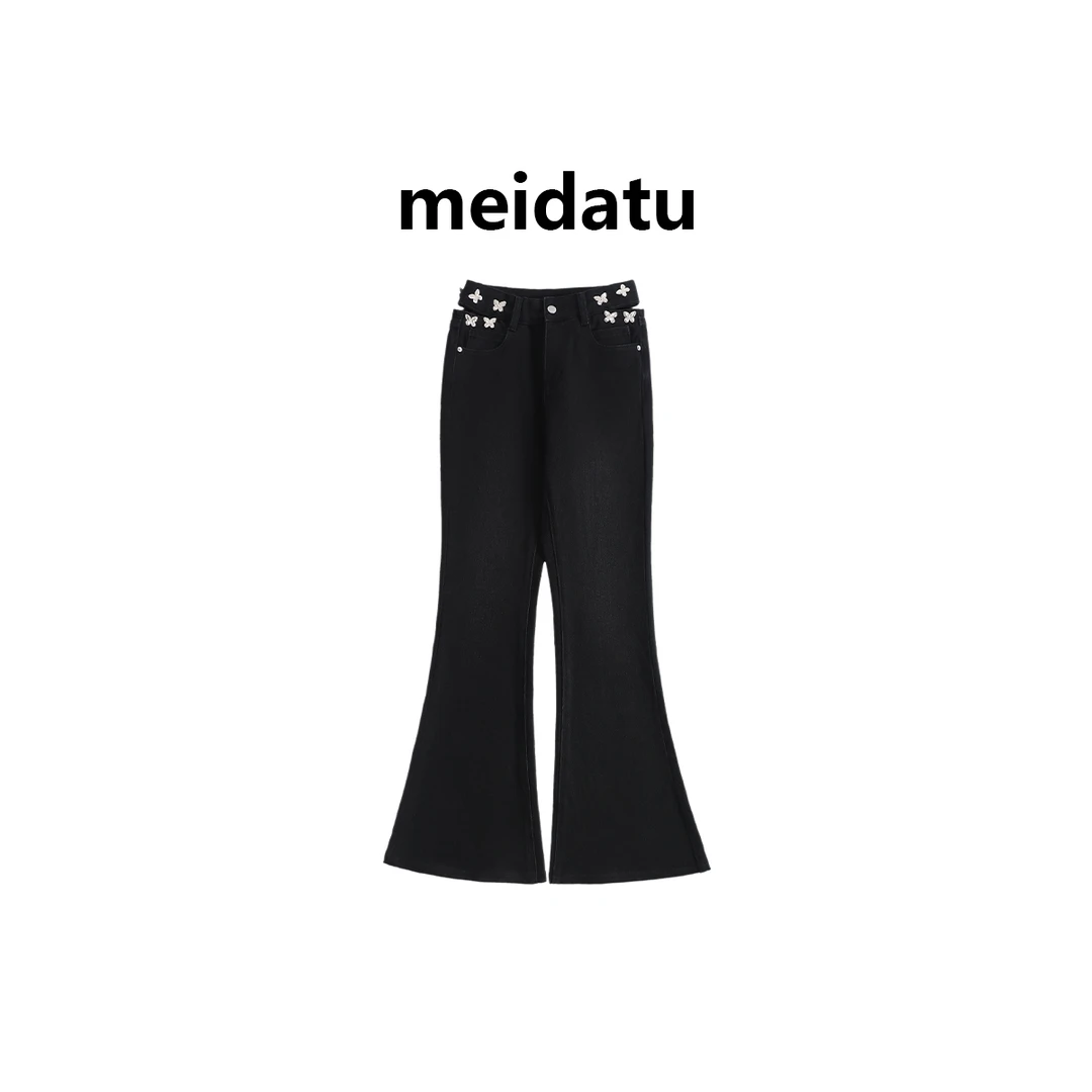 美哒兔（清版）（长腿收割机）重工蝴蝶钉扣侧镂空微喇牛仔裤bz370-1H