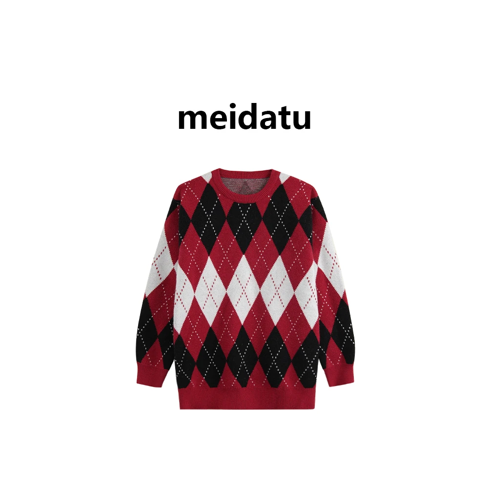 美哒兔（菲洛蒙德）秋冬菱格圆领毛织宽松上衣（bm1626）