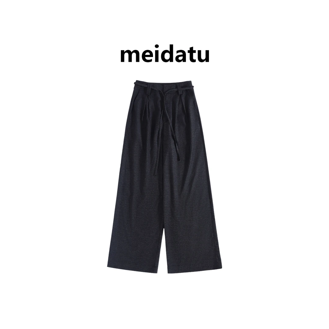 美哒兔(清版)（丹宁物语）设计感绑带牛仔蓝阔腿裤（bd1107）