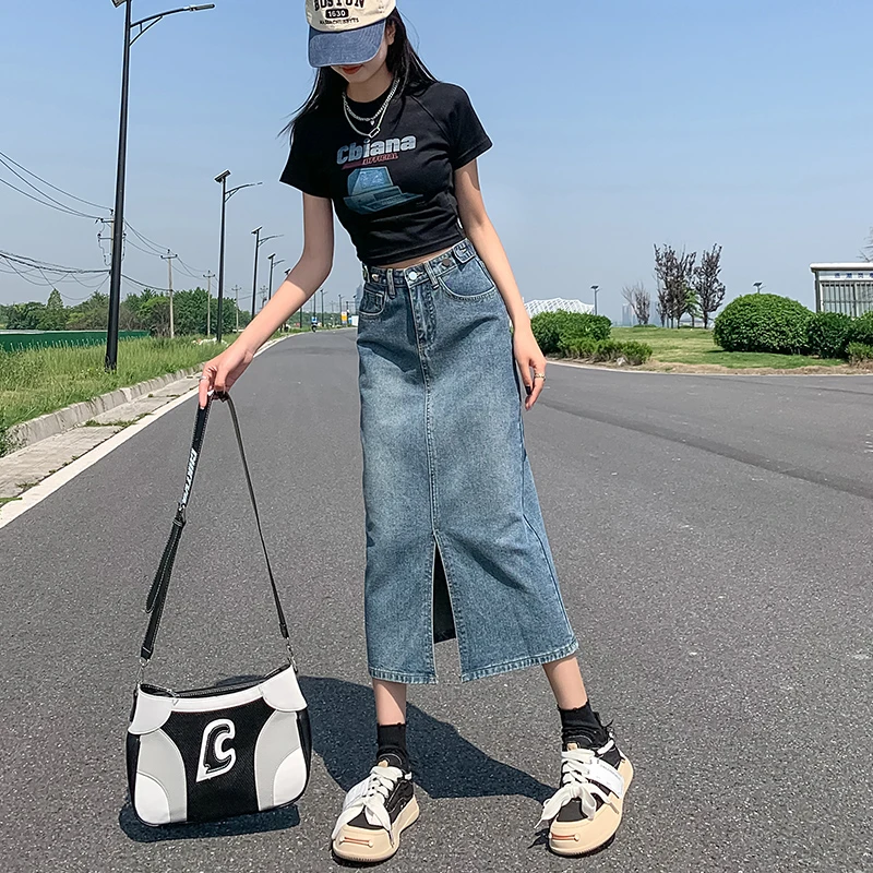 高腰开叉牛仔半身裙女春秋2024新款夏季中长款小个子包臀长裙显瘦