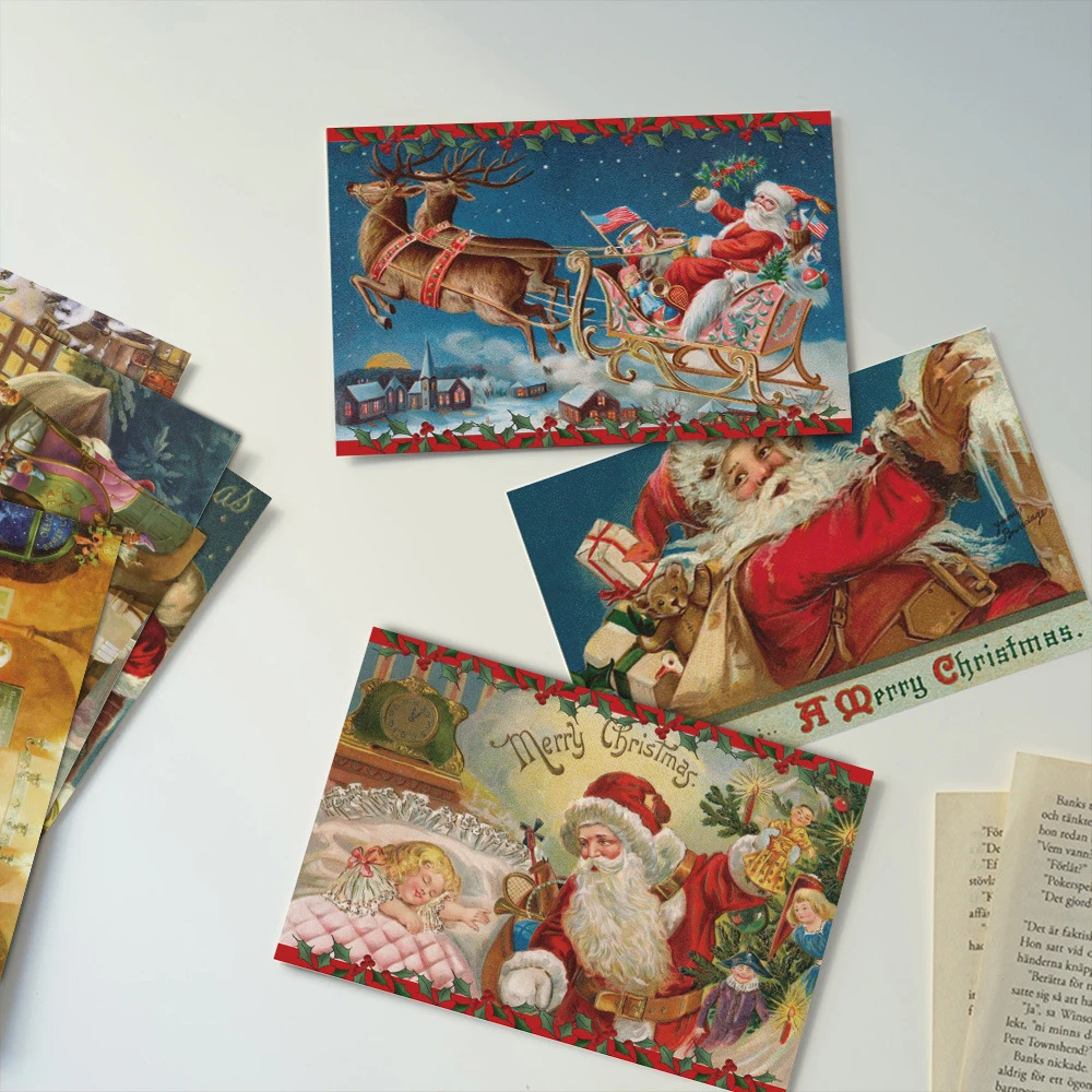 40张圣诞礼物卡片圣诞老人麋鹿复古明信片留言卡贺卡墙面装饰素材