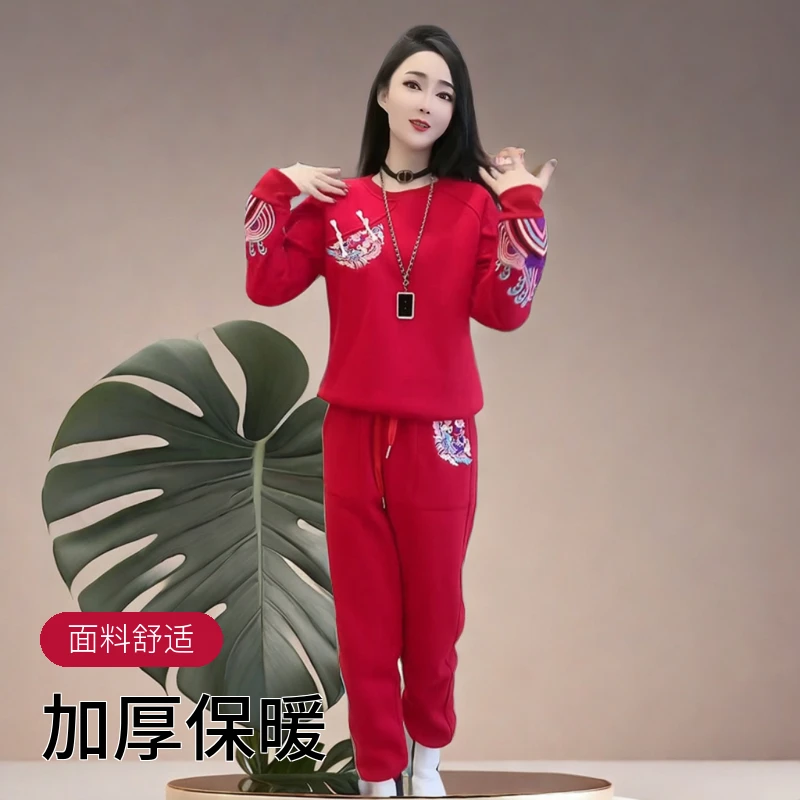 2023网红冬季新款套装国风时尚休闲刺绣加绒两件套加厚