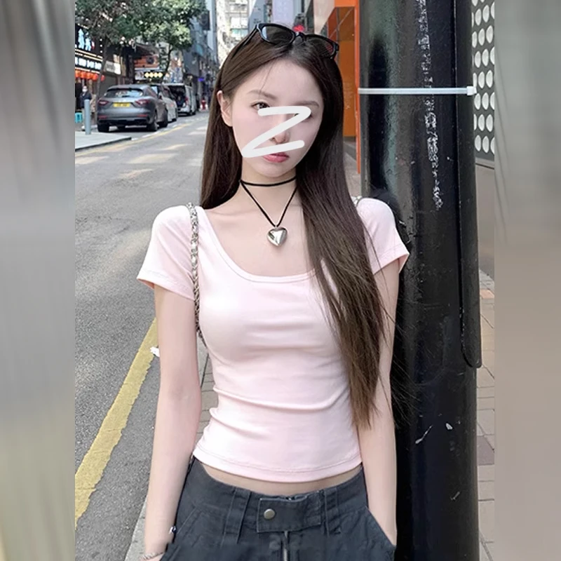 甜辣妹正肩短袖t恤女夏季2025新款纯欲掐腰短款茶艺修身粉色上衣