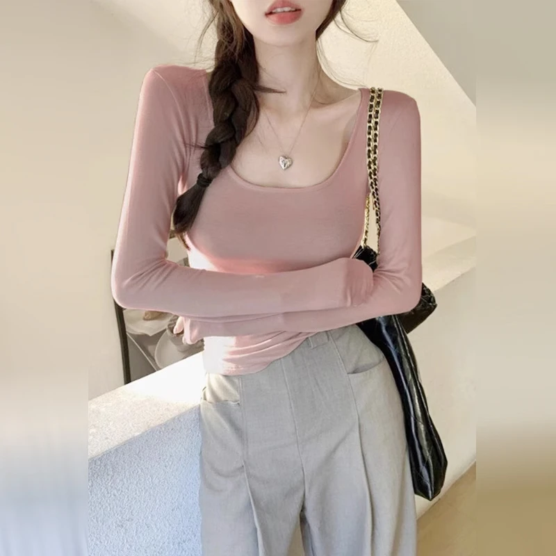 方领打底衫女秋冬装2025新款修身内搭德绒粉色辣妹茶艺风纯欲上衣