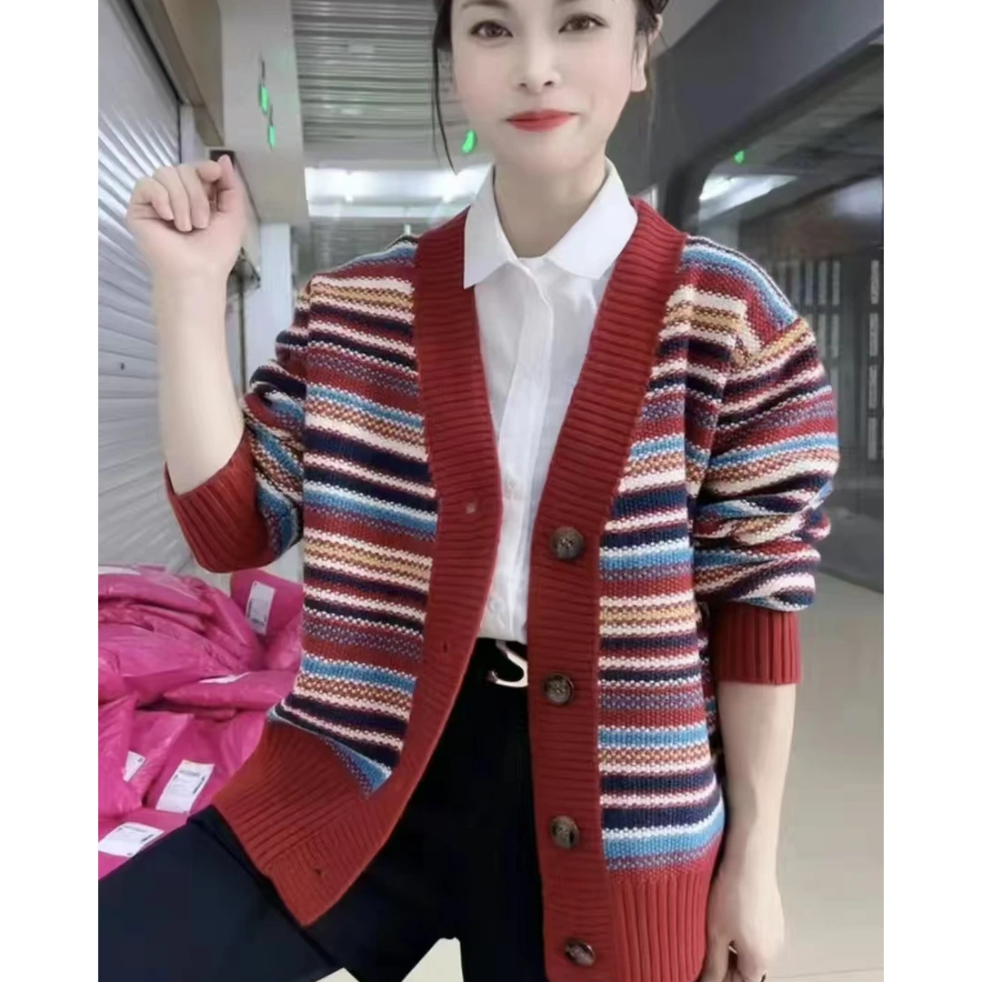 欧洲站2024秋冬新款时尚彩线针织开衫外套女休闲洋气宽松显瘦上衣