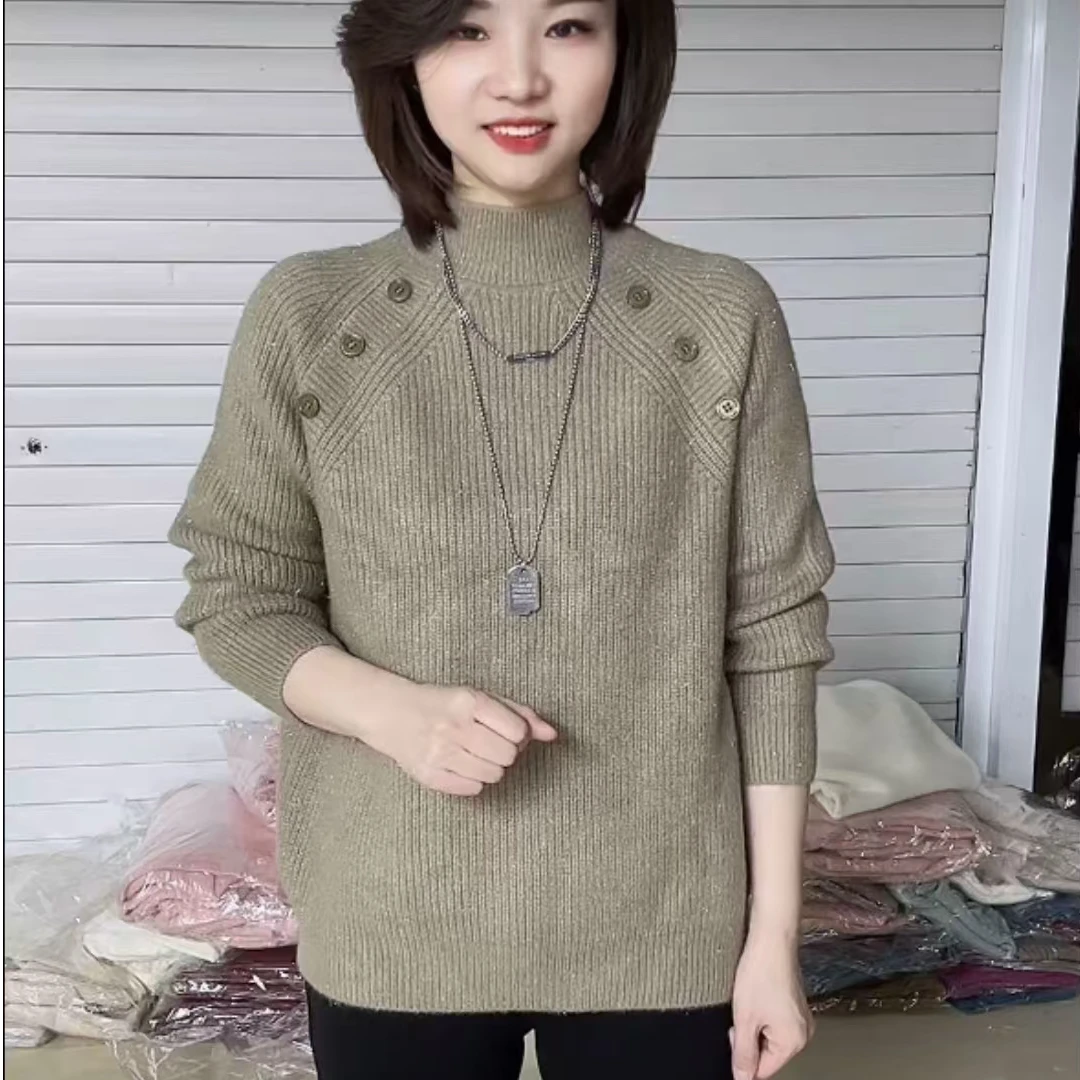 2024秋冬加厚款半高领毛衣休闲百搭双排扣保暖长袖针织打底毛衣女