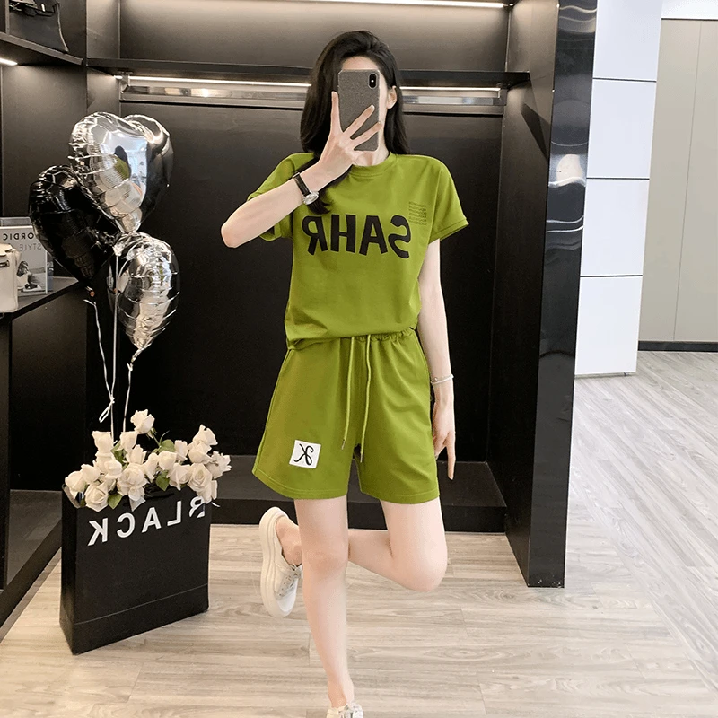 多巴胺时尚休闲运动套装女夏季装新款网红炸街减龄短袖短裤两件套