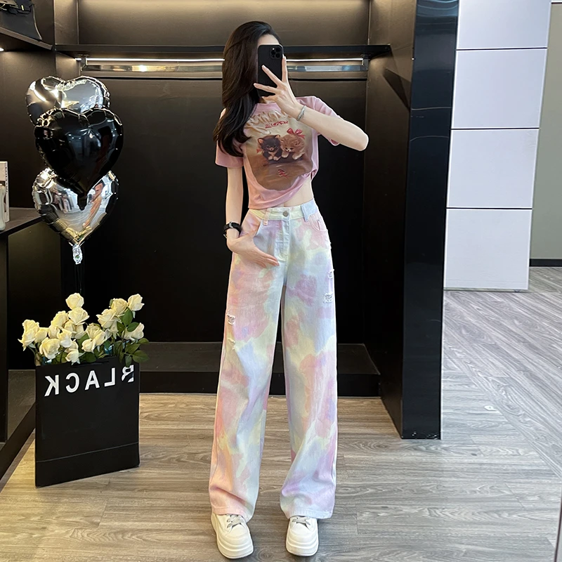 粉色时尚印花短袖T恤女夏季2024新款猫咪印花辣妹修身打底上衣潮