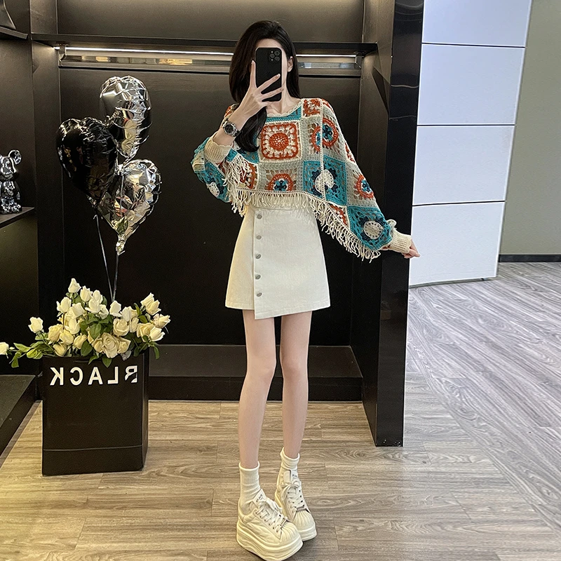 蝙蝠袖镂空短款针织衫长袖上衣女2024早秋新款纯色高腰牛仔半身裙