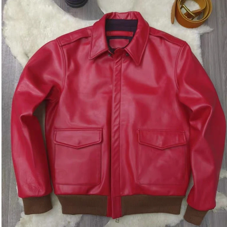 A2经典飞行员夹克油腊红色小牛皮