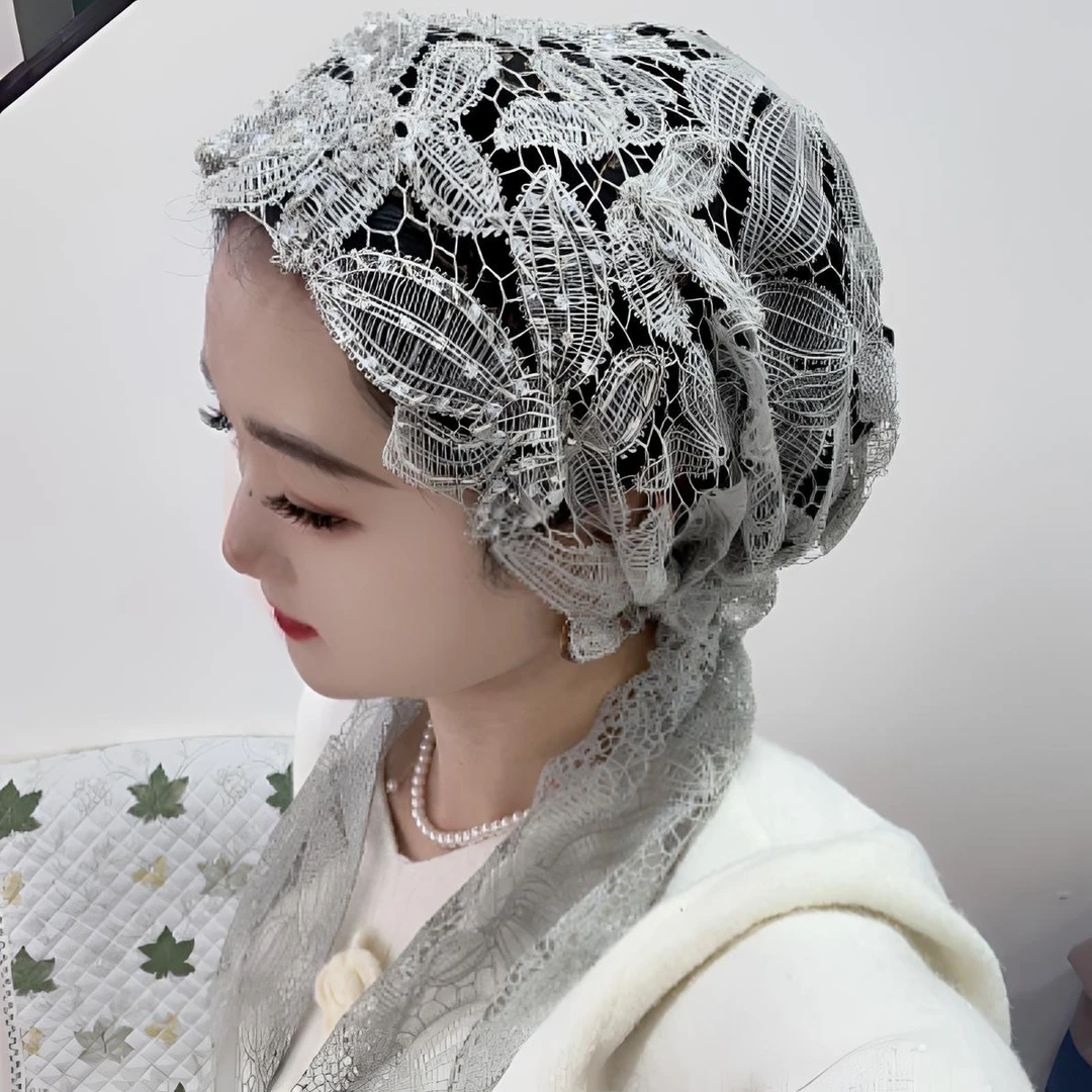 新款重工串珠镂空设计披肩款头纱淡绿色