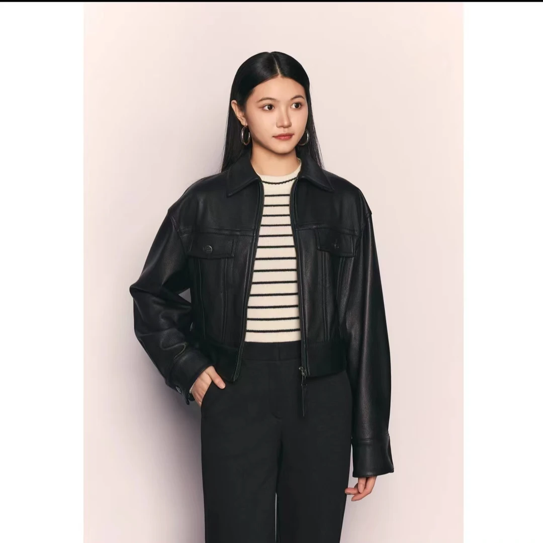 AMASS/阿玛施5400846皮衣女外套短款时尚黑色翻领简约皮夹克外套