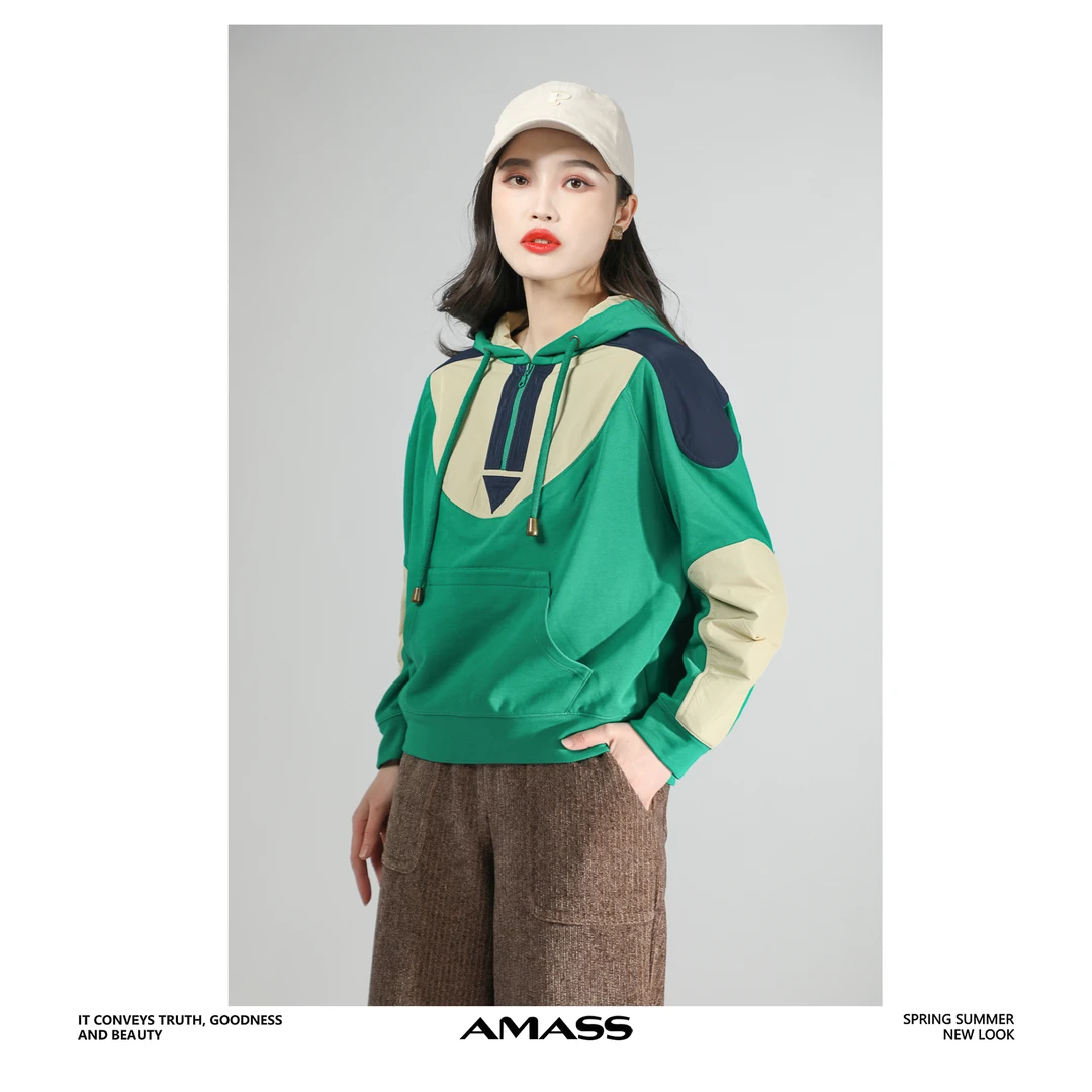 AMASS/阿玛施5300909 新款女装休闲拼接套头女士长袖连帽卫衣牛仔