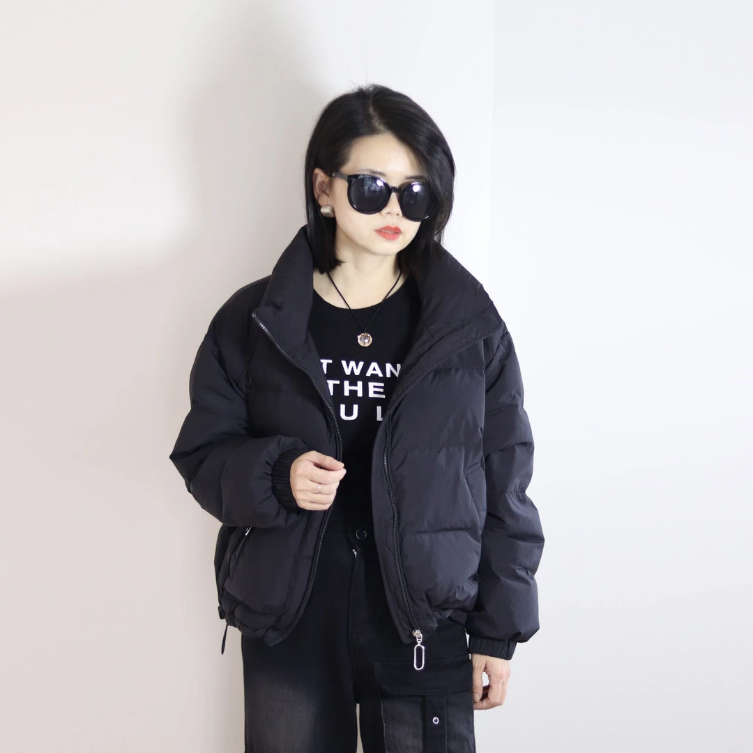 2024冬季新款女士羽绒服白鸭绒短款时尚休闲百搭黑色立领宽松外套
