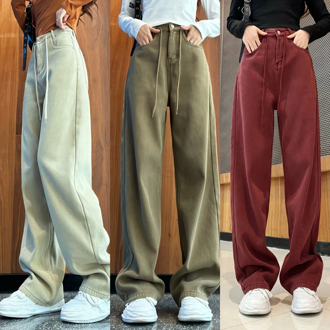 美式抽绳直筒裤阔腿裤女宽松显瘦百搭休闲牛仔长裤