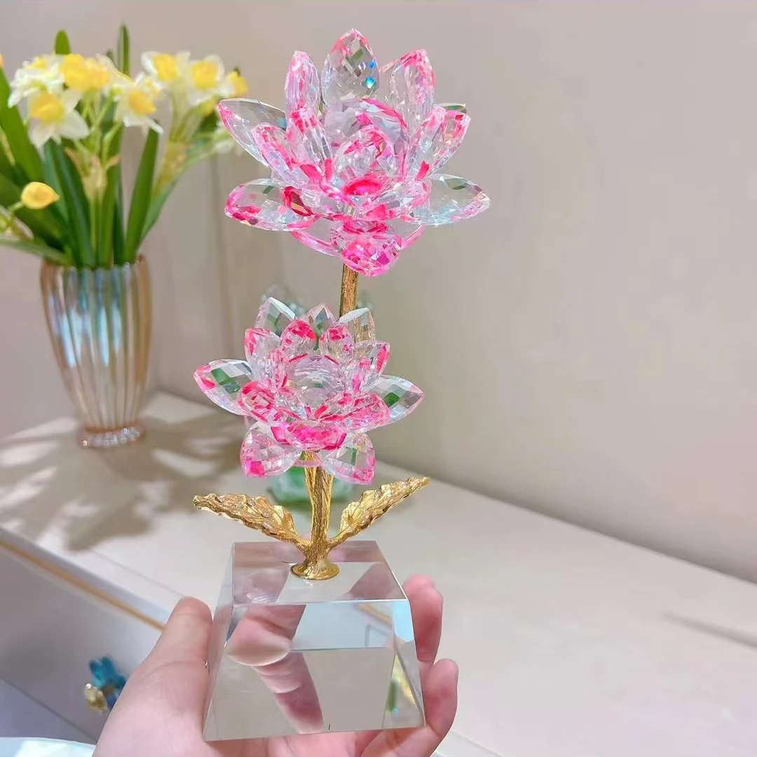 粉色水晶花好运莲莲莲花摆件玄关酒柜家居装饰品轻奢建盏高档摆件