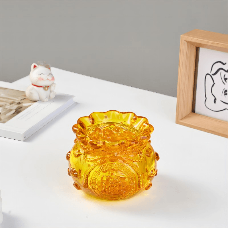 琉璃钱袋子摆件黄色水晶聚宝盆家居客厅办公室装饰摆设乔迁送礼