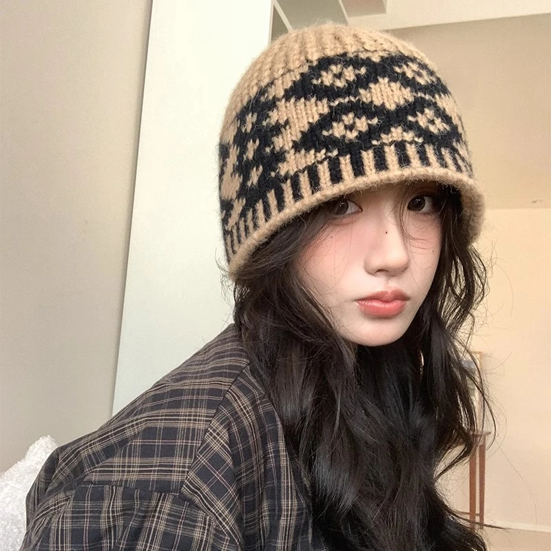 复古菱格针织冷帽女秋冬季韩版显脸小大头围毛线帽保暖防寒帽子
