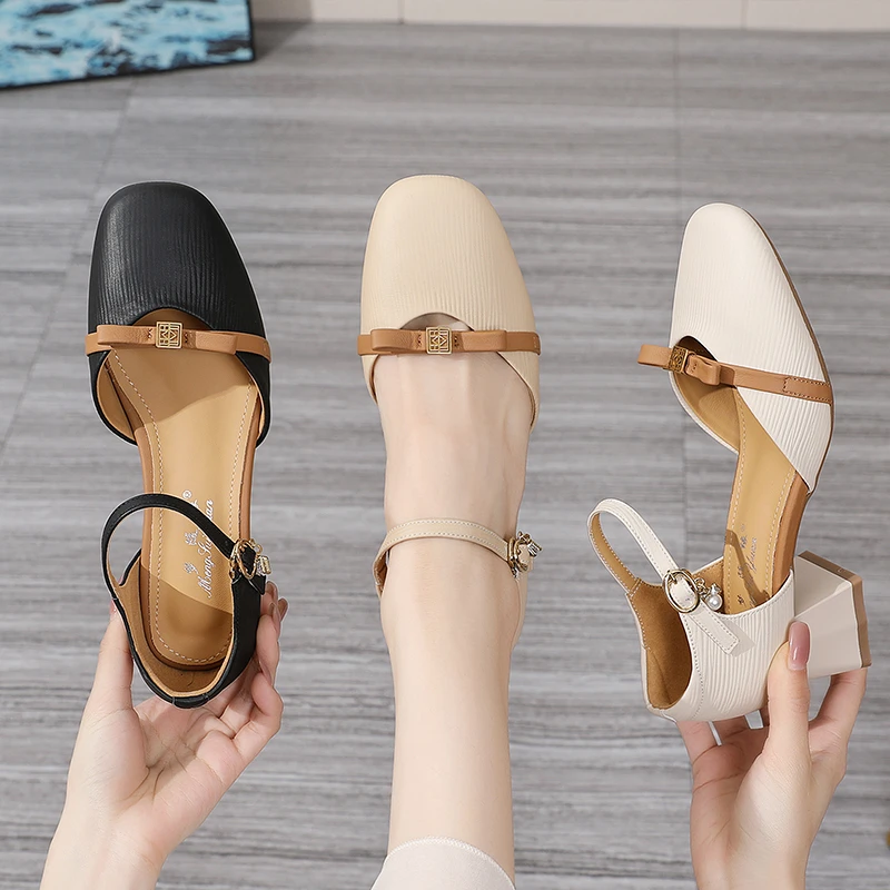 7628-2新款夏季仙包头凉鞋女中空真皮皮鞋一字扣粗跟高跟鞋外穿