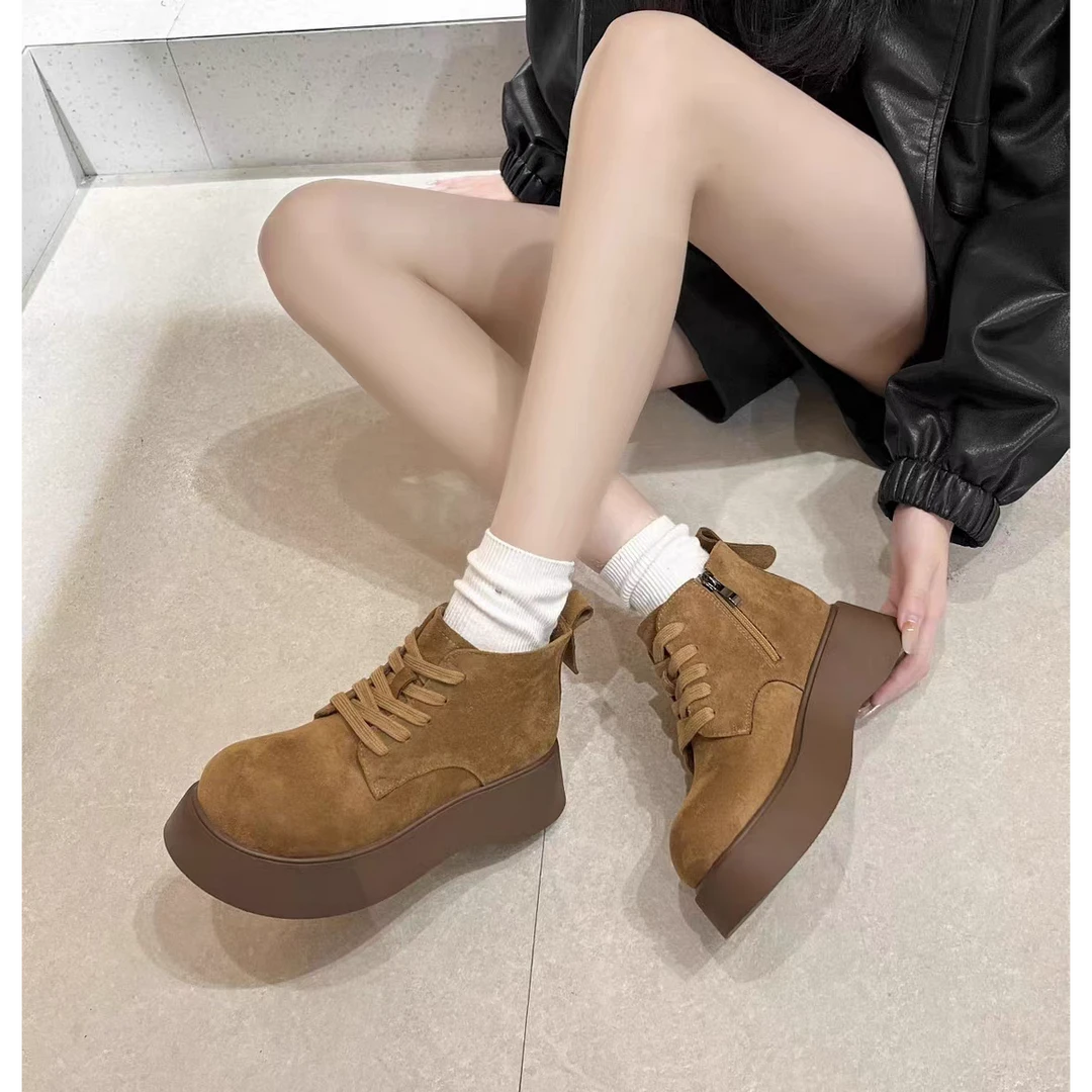 79676秋冬新款小个子厚底增高复古真皮短筒靴子加绒勃肯鞋