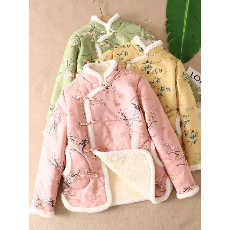 新中式加厚长毛绒棉服女年轻版旗袍立领刺绣盘扣鹿皮绒棉袄冬外套