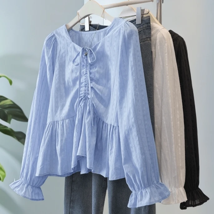 高贵气质上档次大码抽绳v领显瘦衬衫女秋季法式衬衣遮肚上衣女