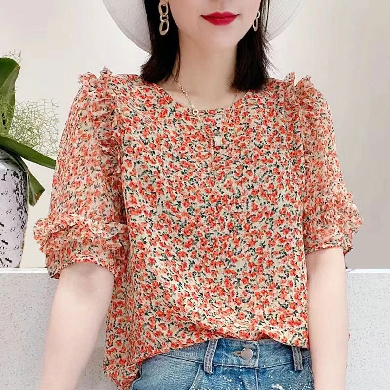 S224时尚雪纺衫夏季新款欧货褶皱宽松碎花小衫设计感显瘦上衣潮款