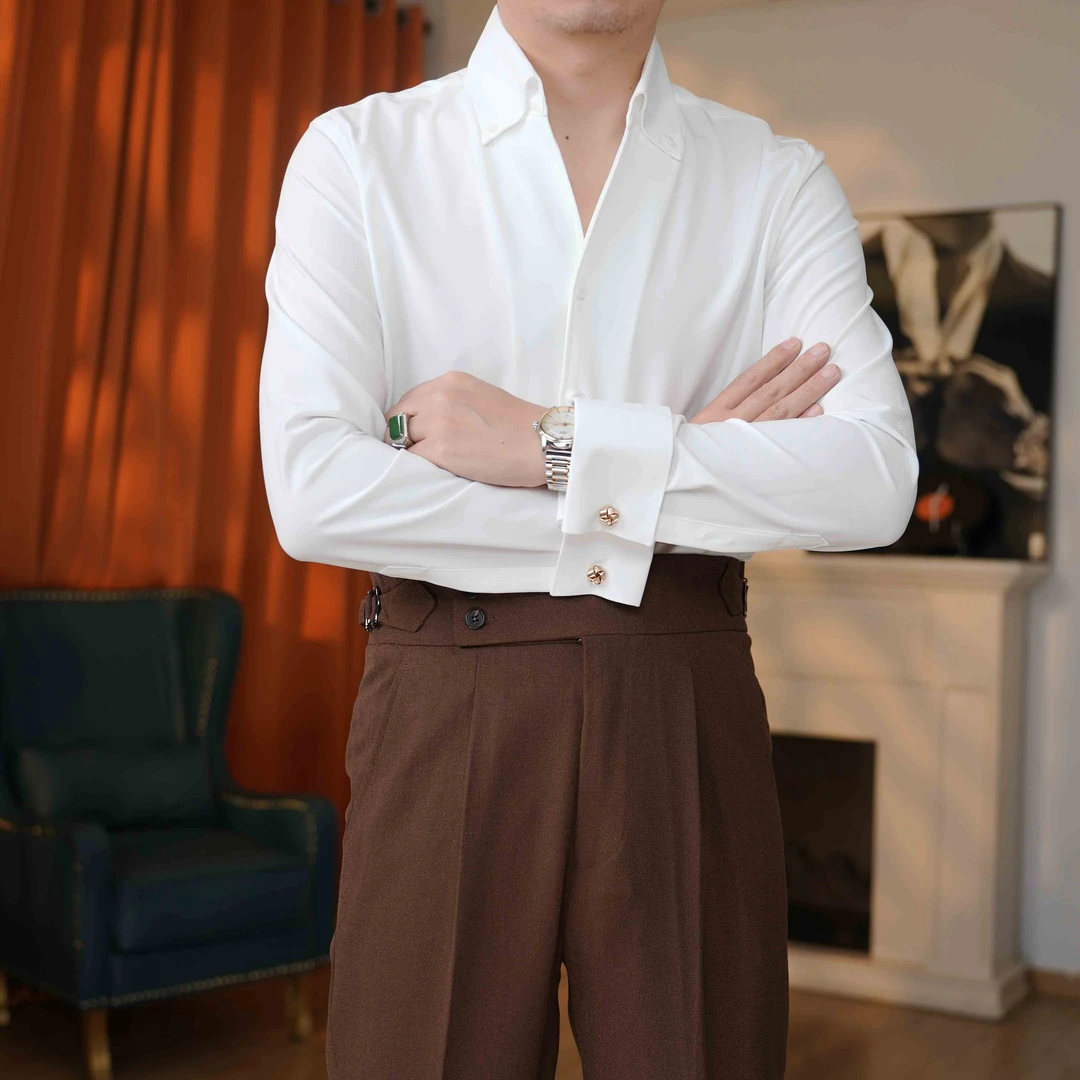 意式一片领衬衣法式袖口长袖男士衬衫修身纯色时尚气质百搭衬衫