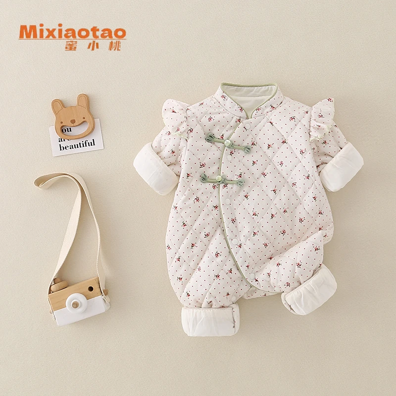 碎点 薄棉夹棉保暖闭档连体哈衣宝宝婴