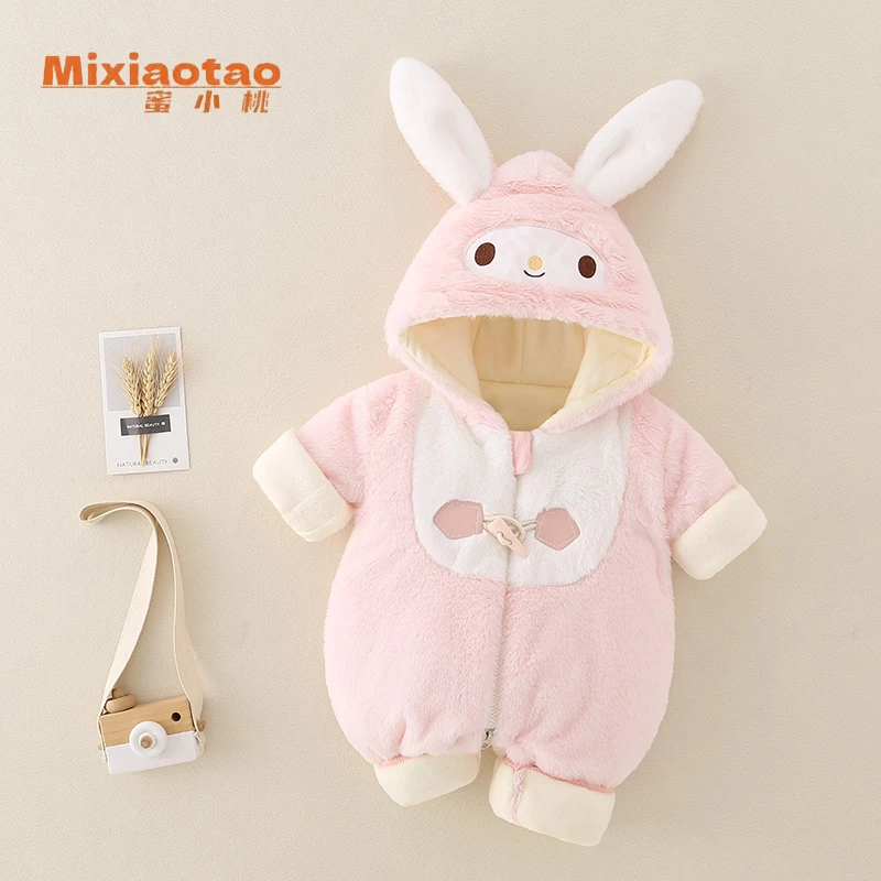 新款毛毛小兔连体衣加厚夹棉冬款哈衣宝宝婴儿幼儿爬服