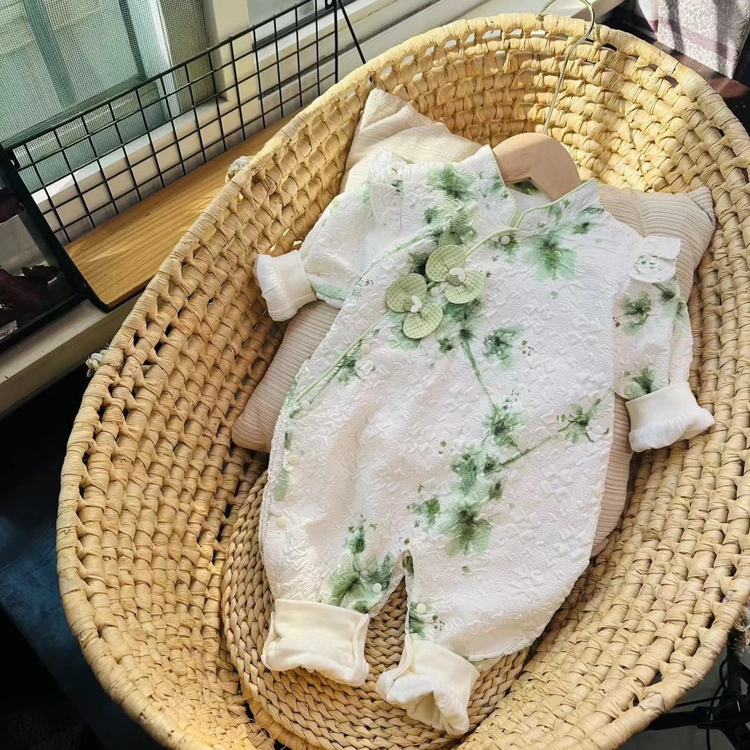 6现货【双层】天青色等烟雨 童装婴儿闭档哈衣连体衣幼碎花宝宝旗袍