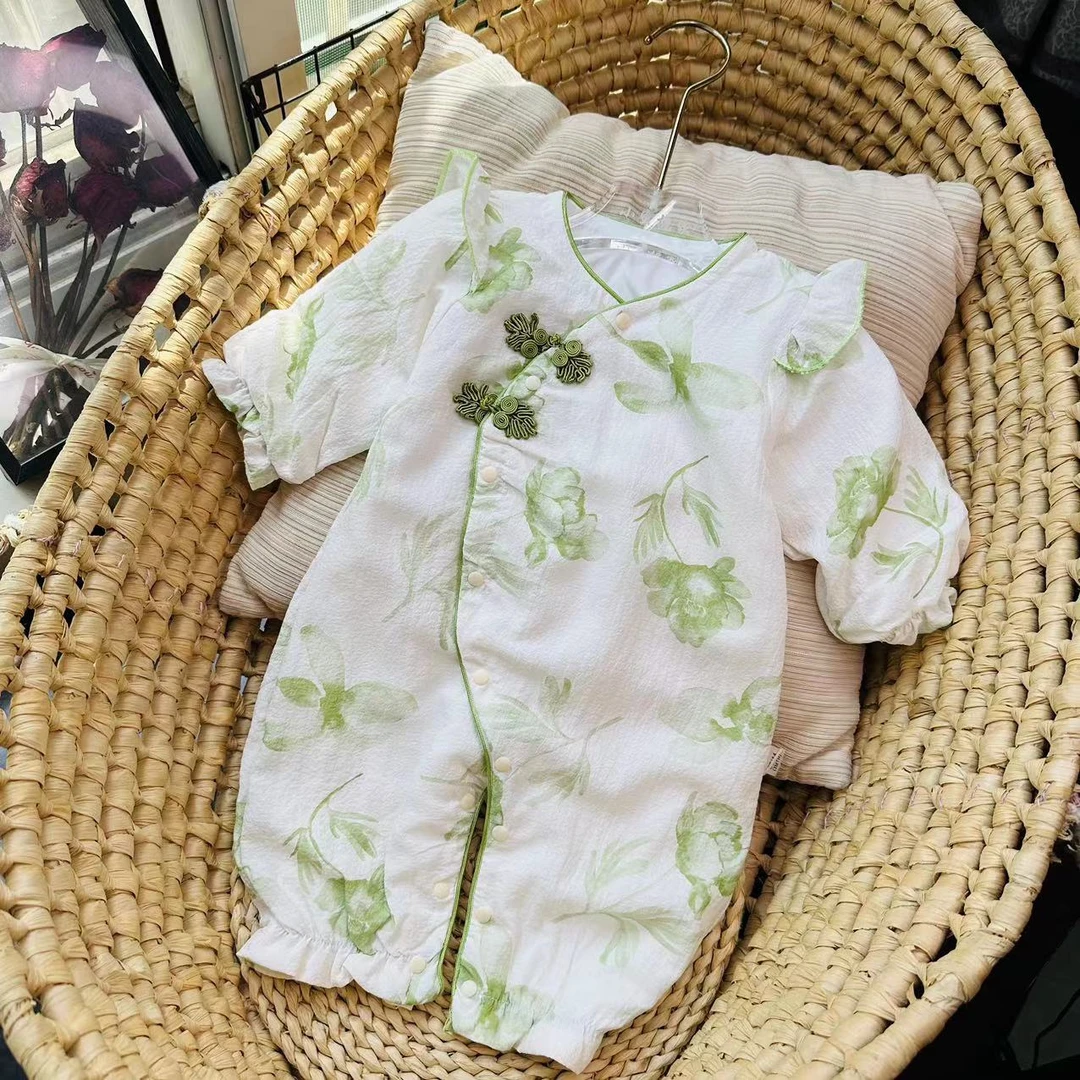 6【双层】绿色荷花 闭档哈衣连体衣儿童婴儿宝宝印花婴童女童新生儿