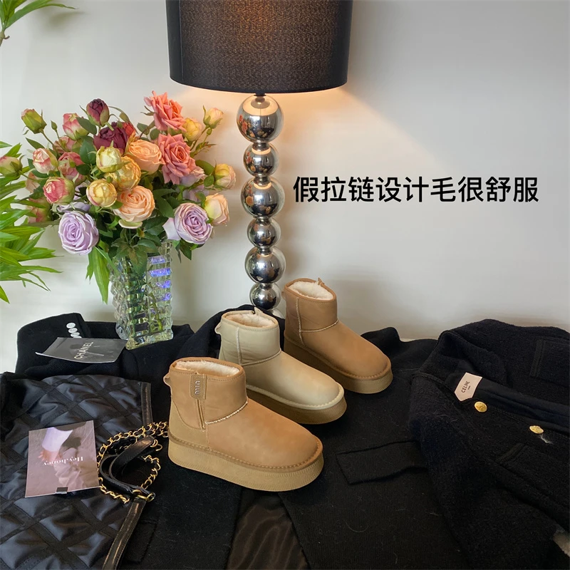 东北雪地靴女欧货真皮短靴2023冬季新款加绒加厚皮面防水加厚棉鞋